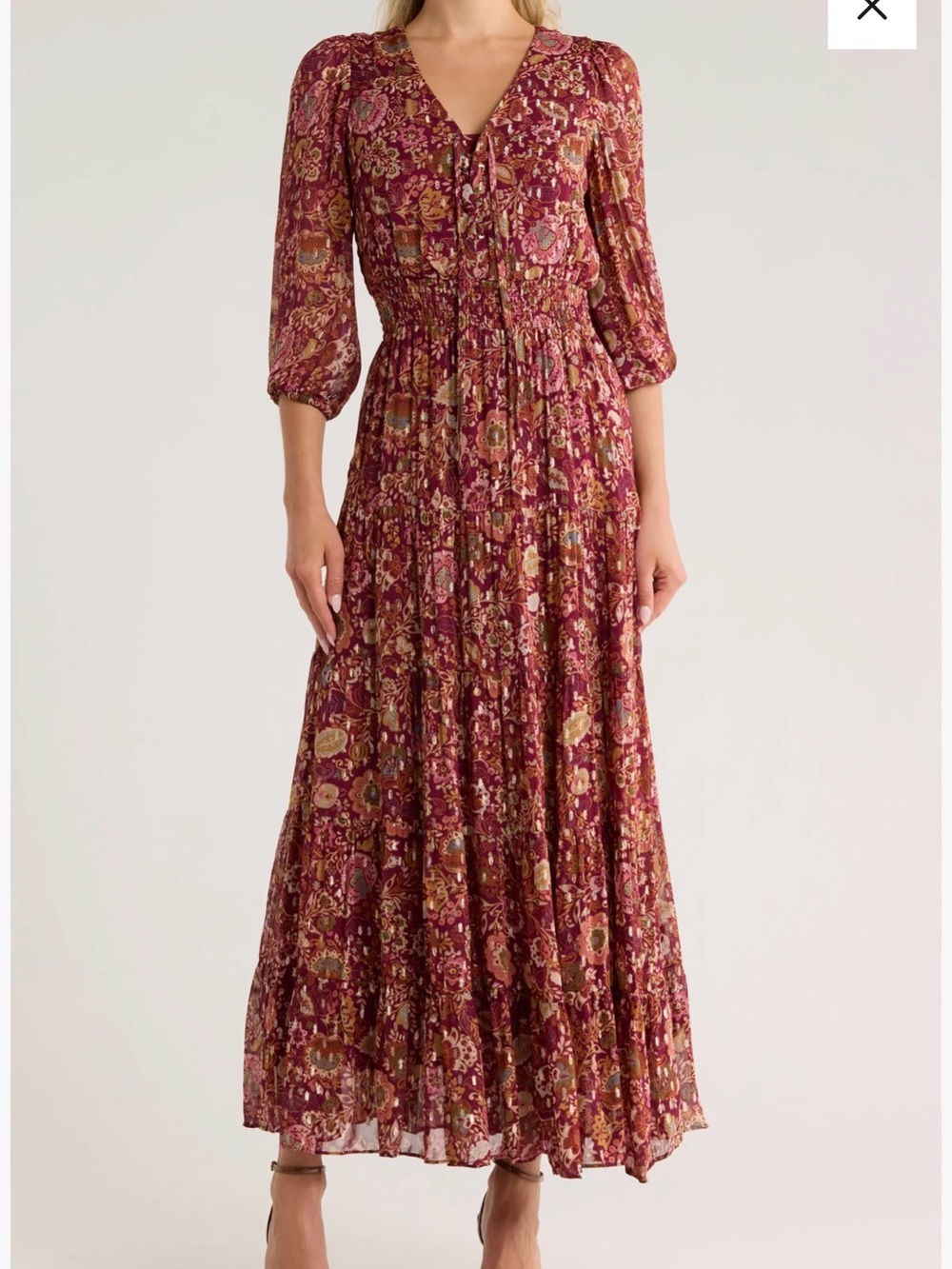 Halogen burgundy printed metallic fall maxi dress